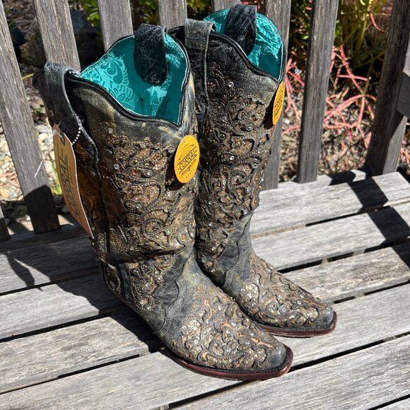 Corral Women's New Ash Grey Inlay & Studs & Crystal Western Boots, Size 9 - Picture 13 of 15